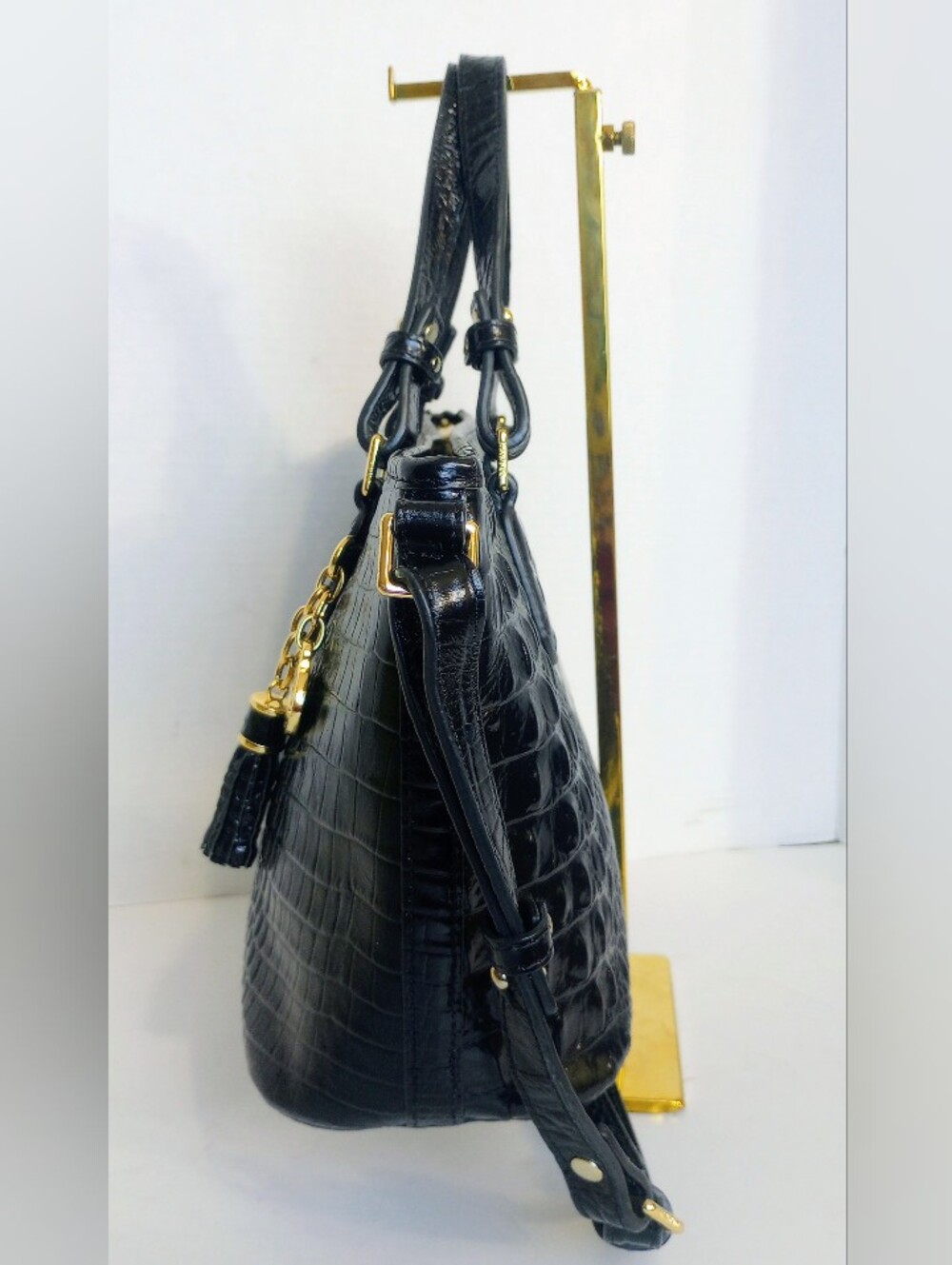 Brahmin Black Melbourne Mini Asher Crocodile Embossed Leather Crossbody Satchel - Picture 7 of 10